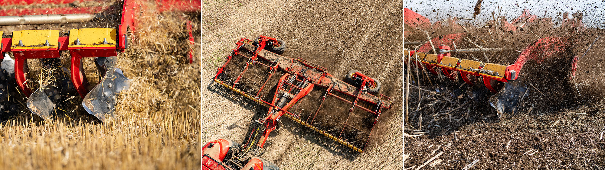 Three photos showing the Carrier 925 equipped with the 3-row CrossCutter Disc system, working a field.